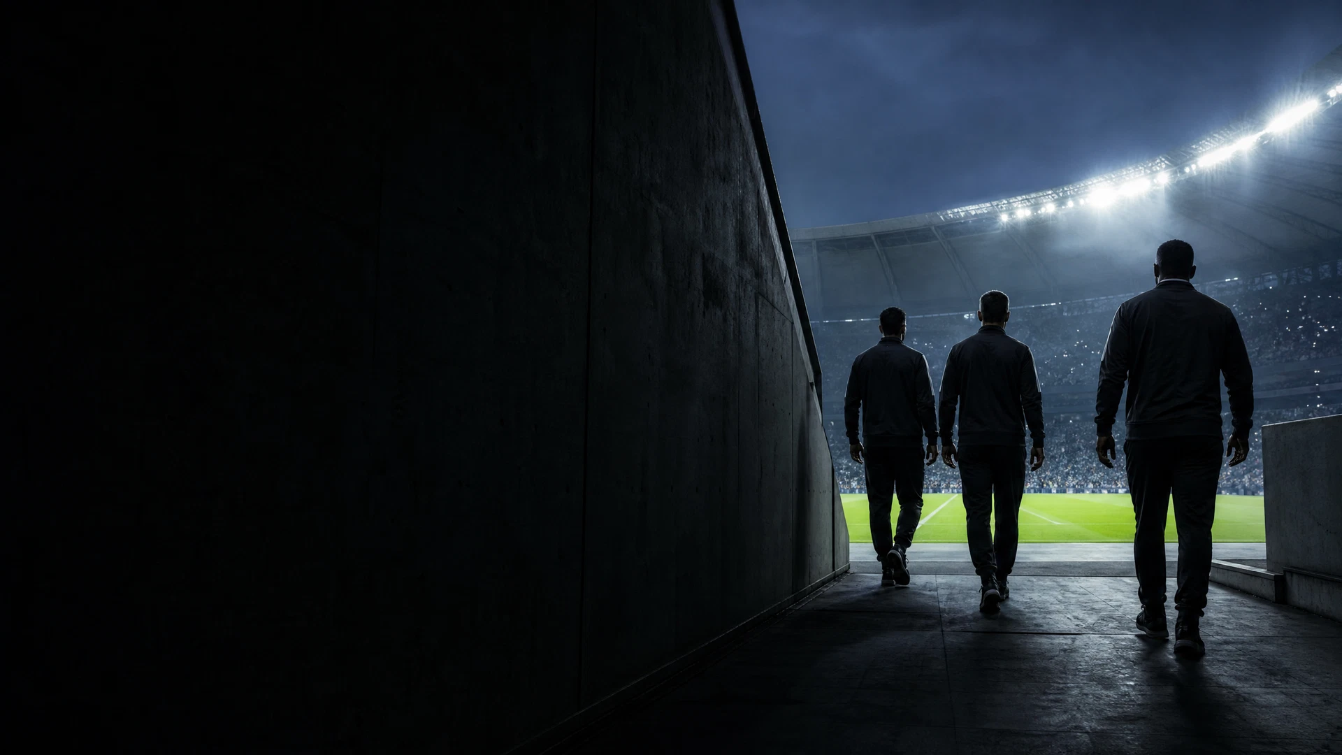 Footballers walking out toward a floodlit stadium pitch